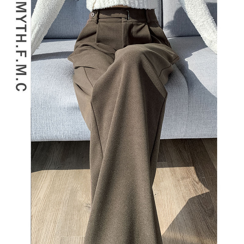 牡丹咖啡色毛呢感西装裤子女秋冬季2024新款窄版直筒阔腿裤垂坠感