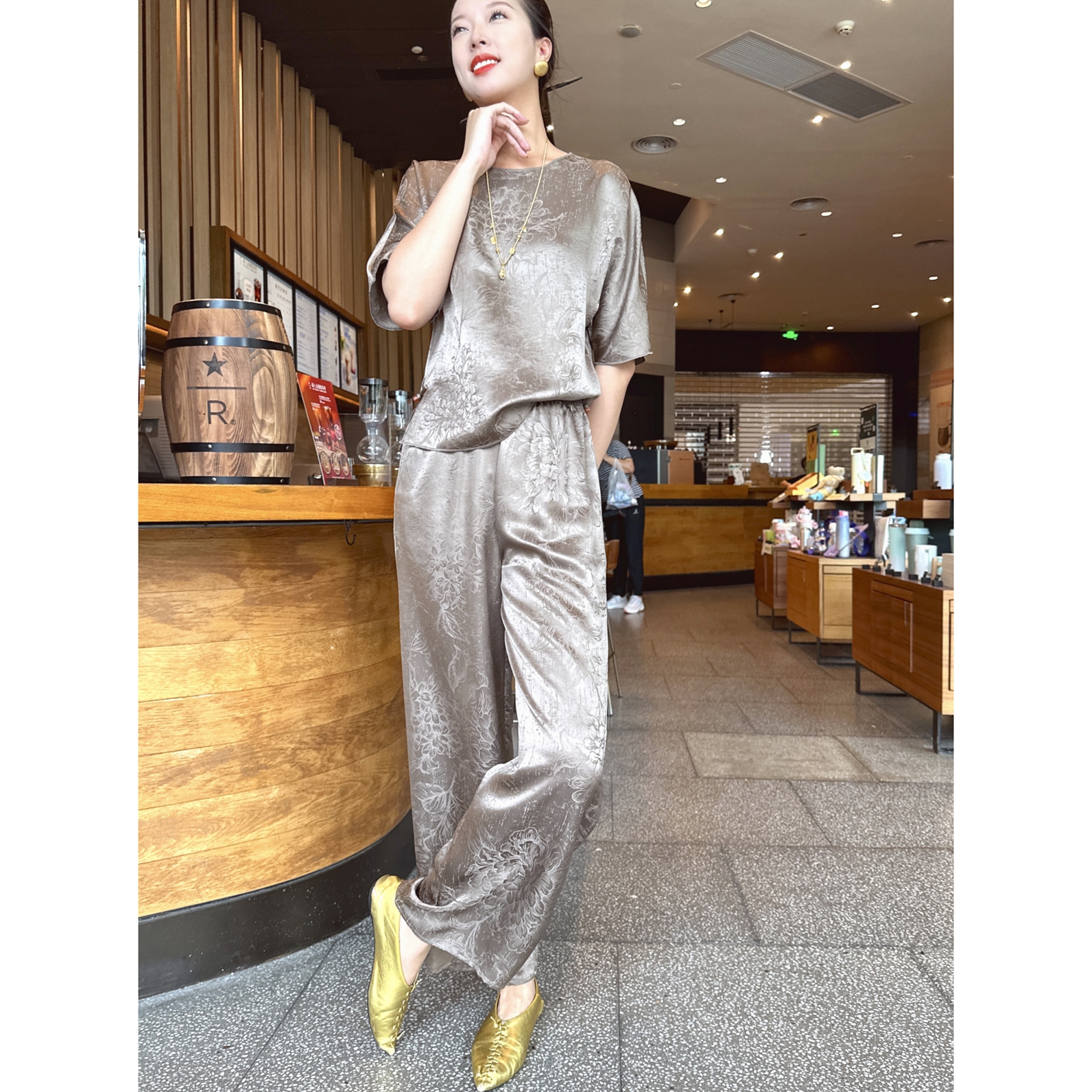 【老罗家】原创真丝裤中式桑蚕丝提花休闲长裤显瘦薄款宽松直筒裤