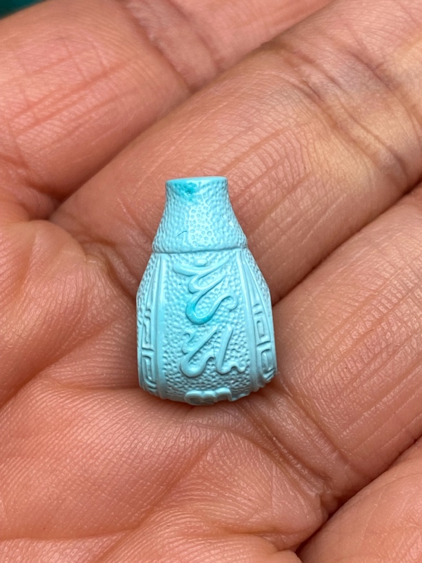 原矿高瓷蓝绿松石佛头三通，六字真言