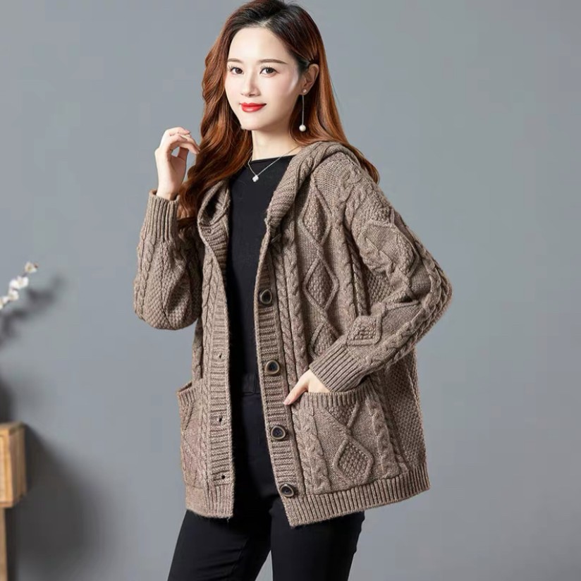 【卡奴欧】秋冬短款加厚连帽宽松直筒单排扣针织大衣外套大码02春秋