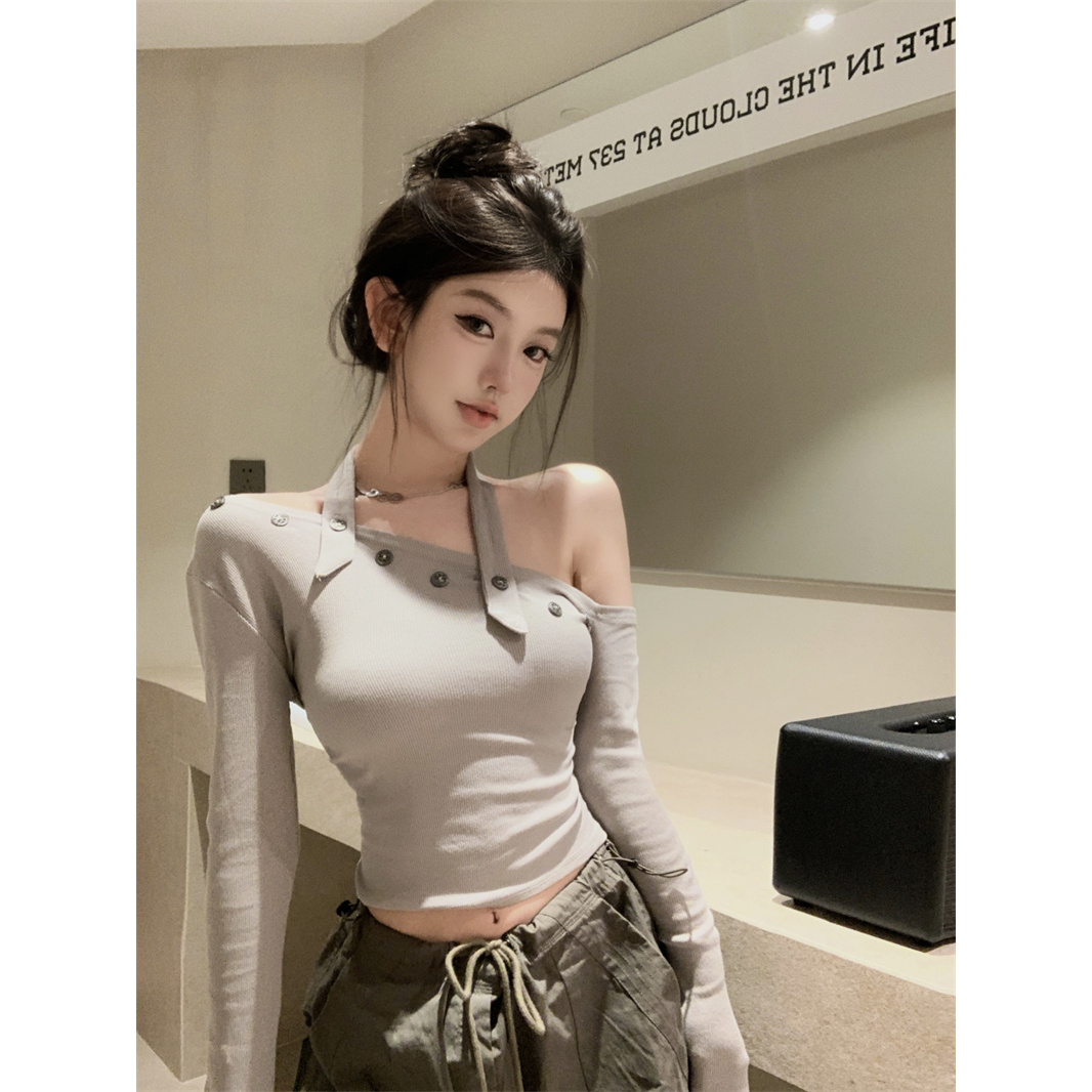 秋季新款法式复古甜酷辣妹挂脖一字肩修身显瘦露肩长袖T恤上衣女