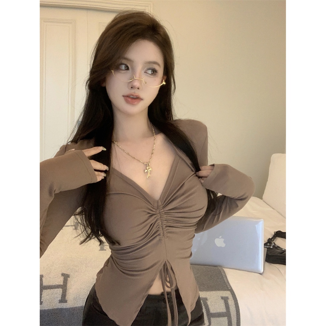 别致设计感抽绳褶皱露脐长袖T恤纯欲风辣妹小心机收腰显瘦上衣女