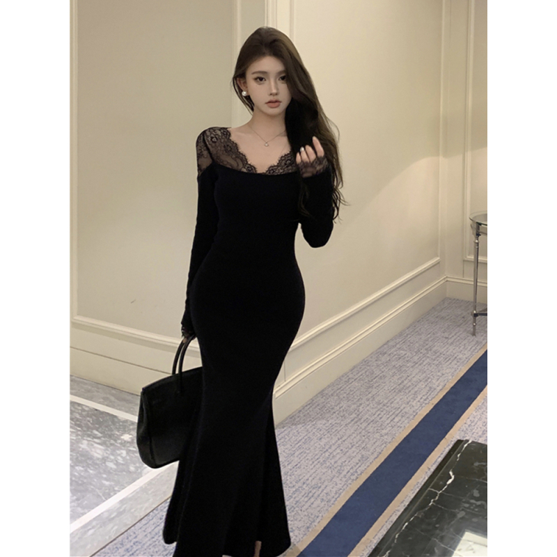 法式设计高级感V领蕾丝拼接连衣裙女气质收腰显瘦包臀鱼尾长裙子