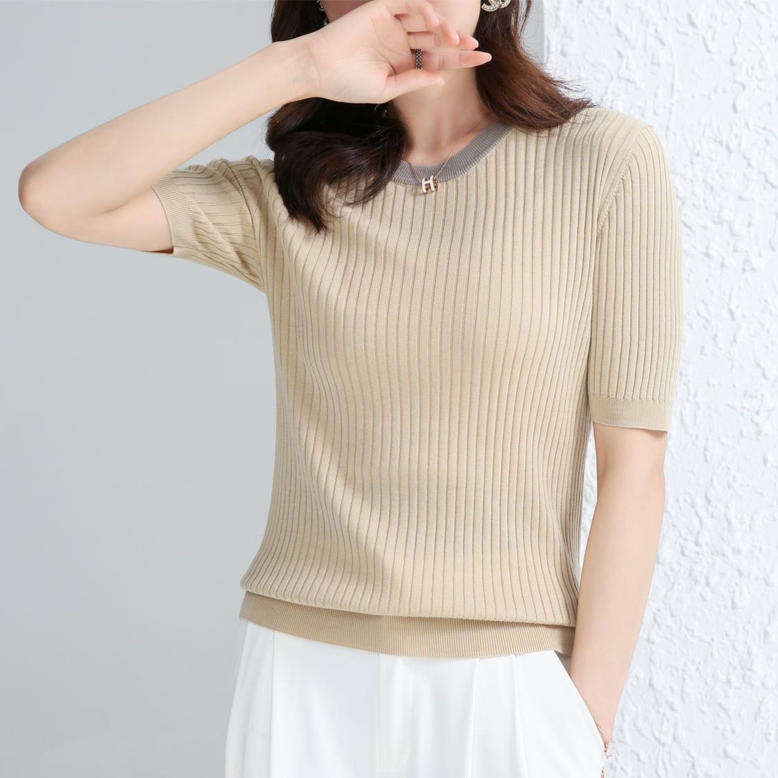 春夏桑蚕丝薄款短袖针织显瘦t恤圆领修身莱赛尔针织衫纯色百搭