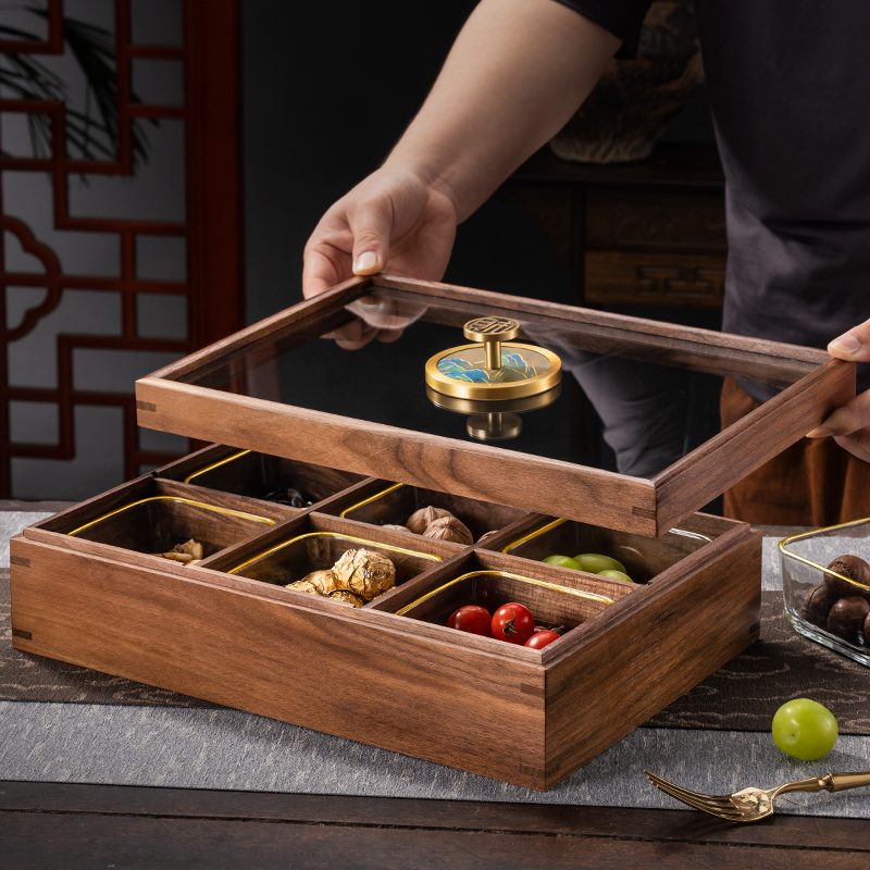 新款胡桃木质中式家用干果收纳盒客厅茶几零食糖果盒轻奢水果盘