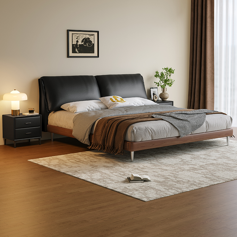 【DDC】9648意式极简实木床边真皮床中古风大象耳朵榉木排骨架皮床