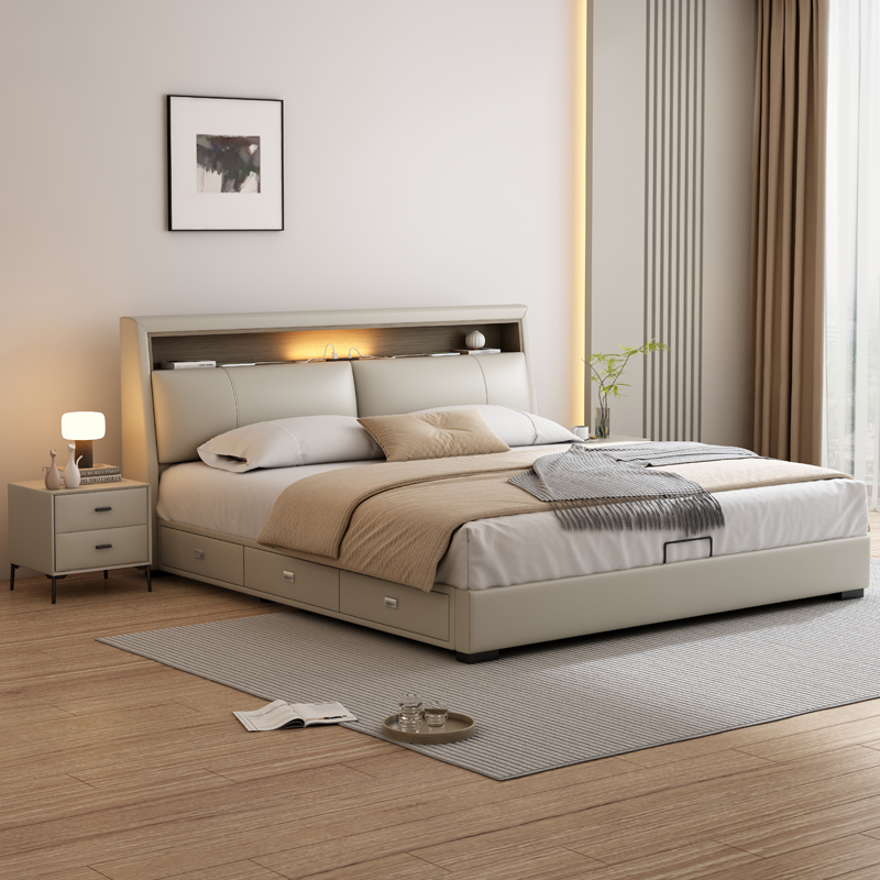 【DDC】2356现代简约真皮床1.5M双人床1.8M意式极简小户型储物皮床