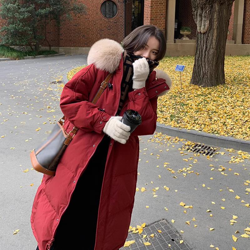 雅鹿红色中长版羽绒服外套女秋冬款耶诞新年棉衣韩系加厚连帽宽松
