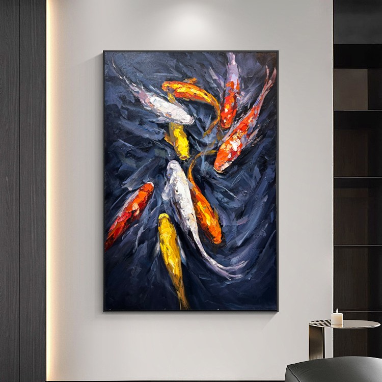 九鱼锦鲤纯手绘油画新中式轻奢装饰画沙发背墙客厅高级感挂画客厅