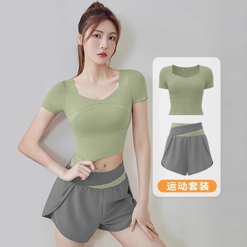 瑜伽服健身短袖套装女2025夏季薄款跑步训练专业速干大码运动上衣