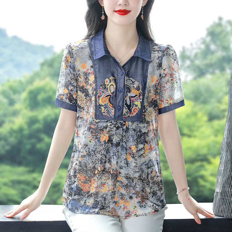 雪纺短袖衬衫女夏时尚牛仔拼接刺绣洋气宽松上衣减龄时尚小衫143
