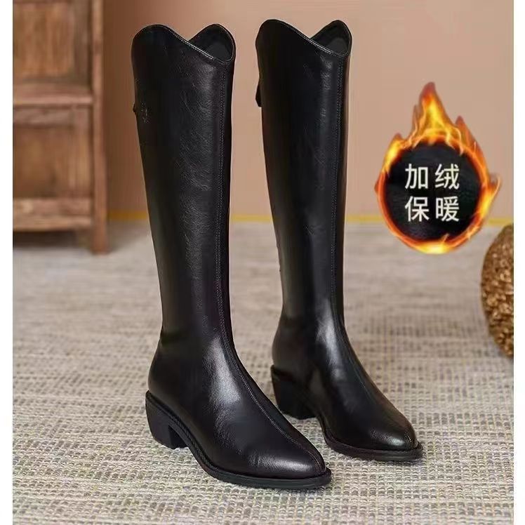 长筒靴软皮女高筒靴新款粗跟尖头v口西部牛仔不过膝骑士靴