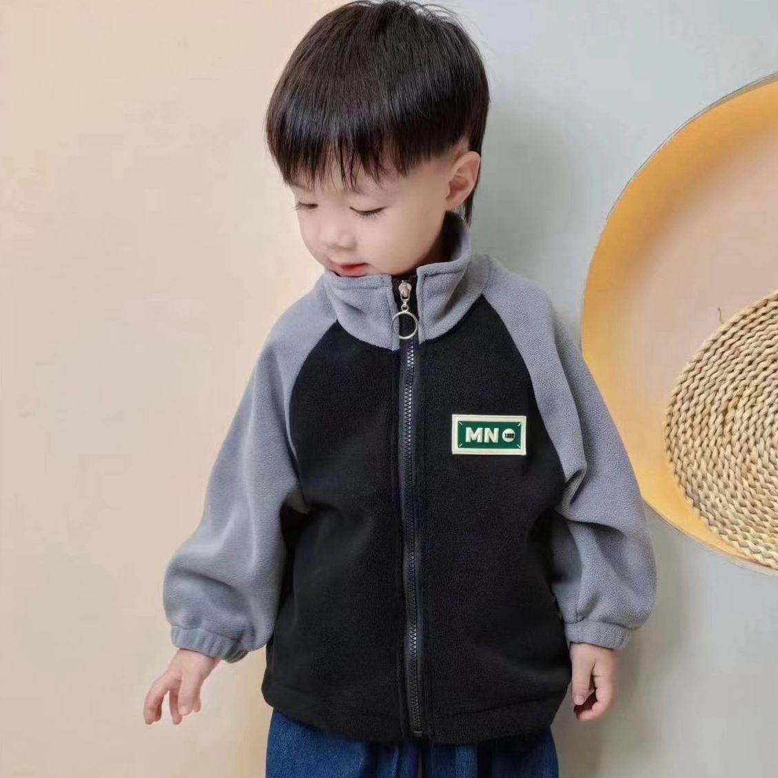 儿童春秋冬季加绒加厚奥利绒外套休闲拼接韩版双面绒保暖宝宝上衣