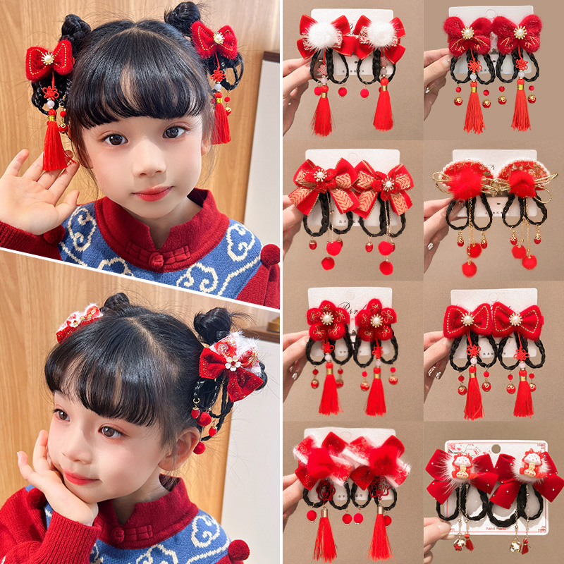 蝴蝶结假发发夹儿童新年头饰女宝宝古风汉服拜年发夹女童过年发饰