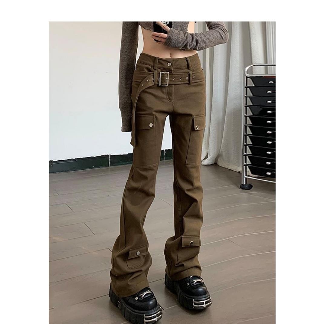 美式街头vibe咖色工装牛仔裤女春秋新款复古设计感腰带直筒休闲裤
