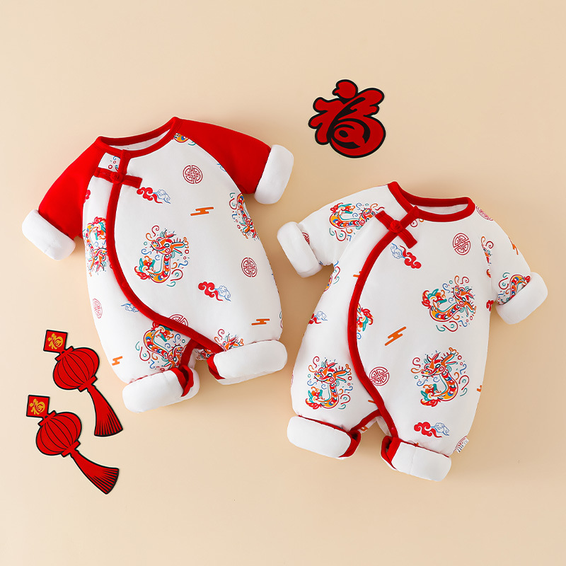 婴儿加厚满月新生儿150g无骨哈衣宝宝冬季爬爬服婴儿红色连体衣服