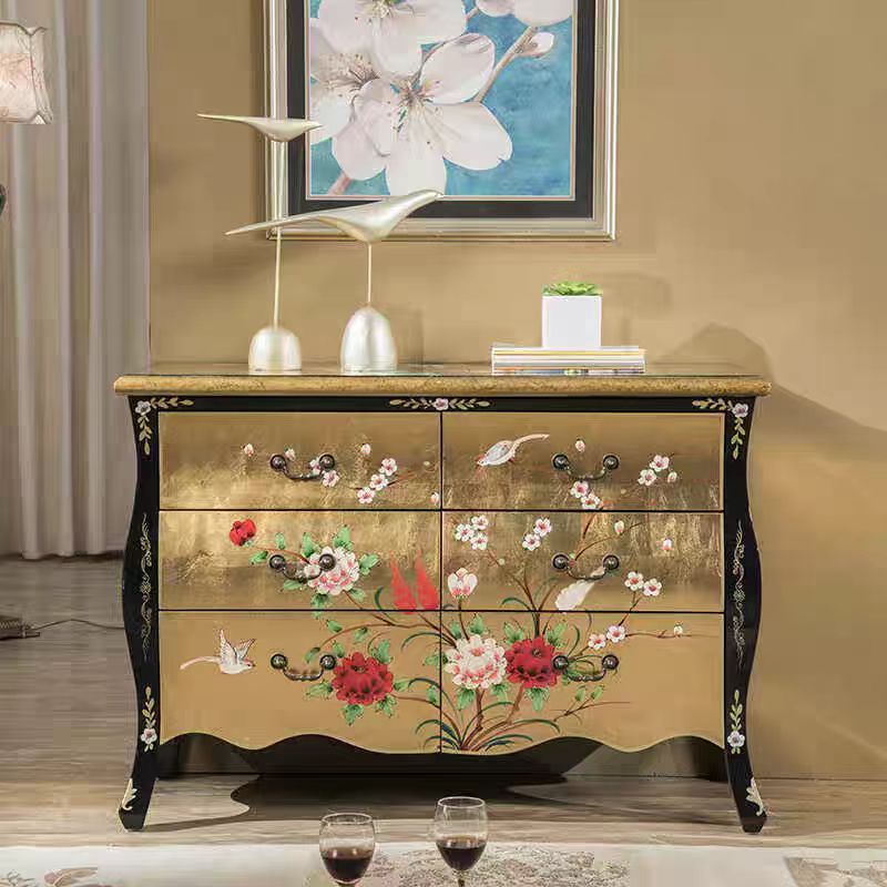 新中式中古风复古美式亮面金箔牡丹花实木六斗柜卧室储物柜装饰柜