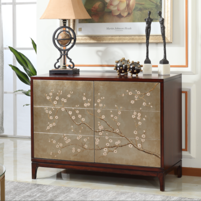 中式客厅轻奢金箔梅花餐边柜双门收纳柜 装饰柜储物柜矮柜六斗