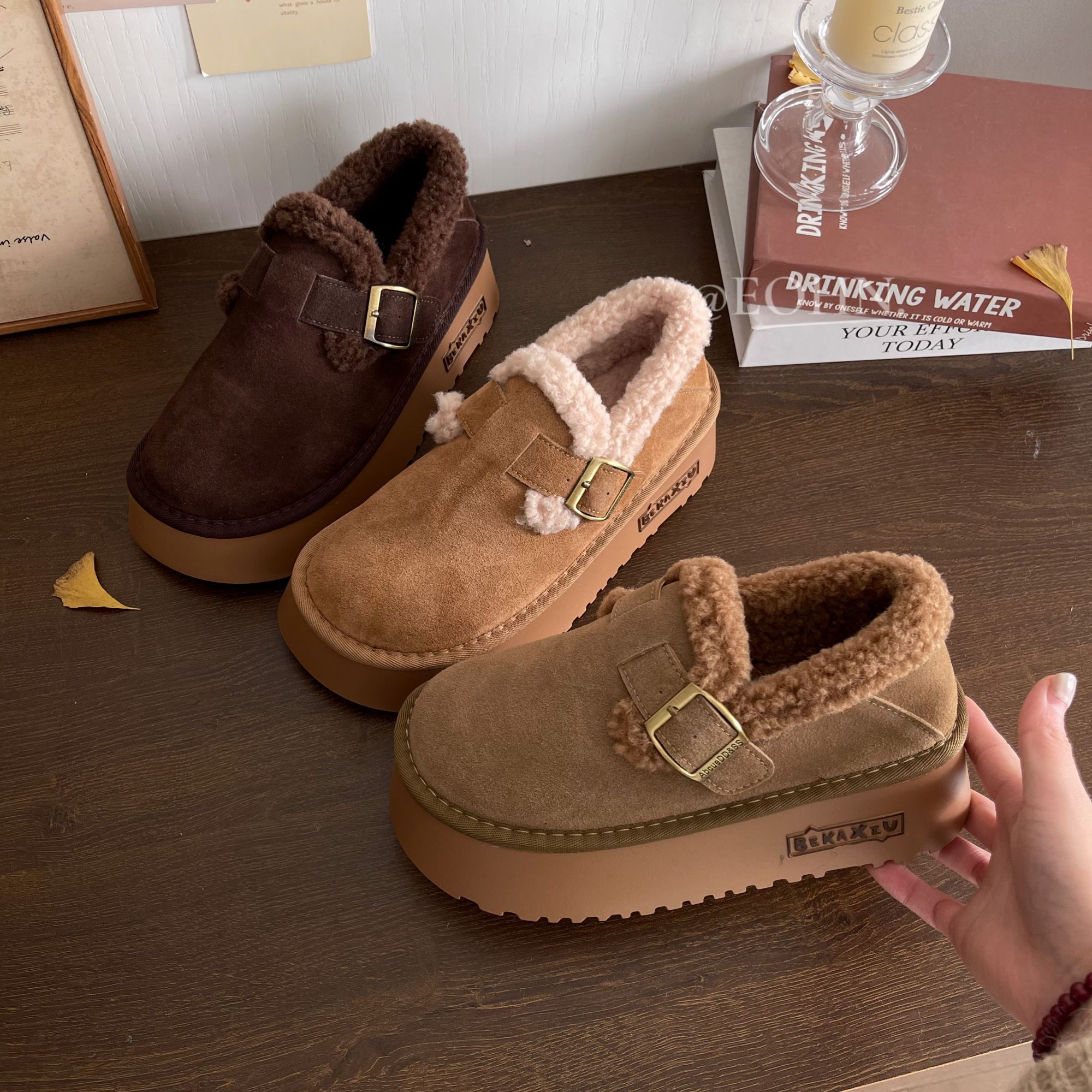 【eohn】2024冬季新款厚底雪地靴加绒保暖毛毛勃肯鞋百搭ins