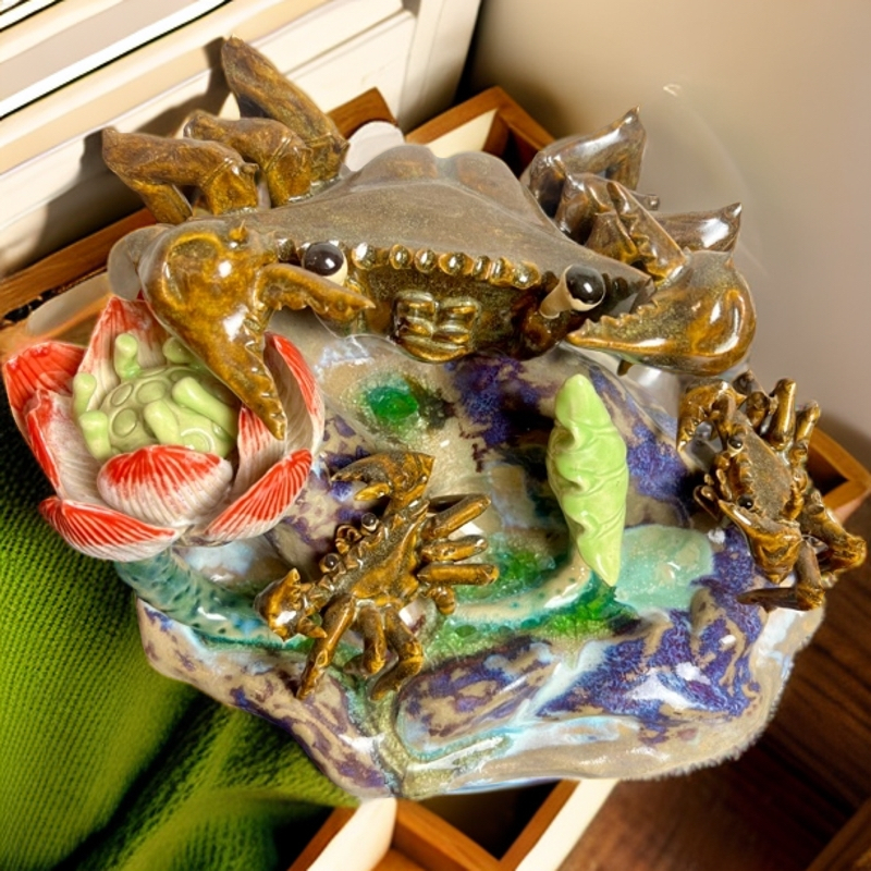 富甲一方原作孤品螃蟹莲生福地陶瓷纯手工中式摆设