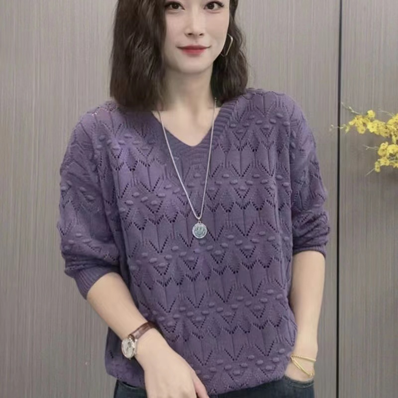 2025春秋装新款女士长袖针织镂空衫毛衣大码女装洋气减龄时尚上衣