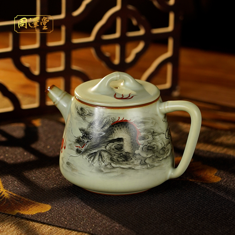 周泽堂汝窑茶壶手绘竹节石瓢壶.龙景德镇瓷器大容量中式高石瓢壶