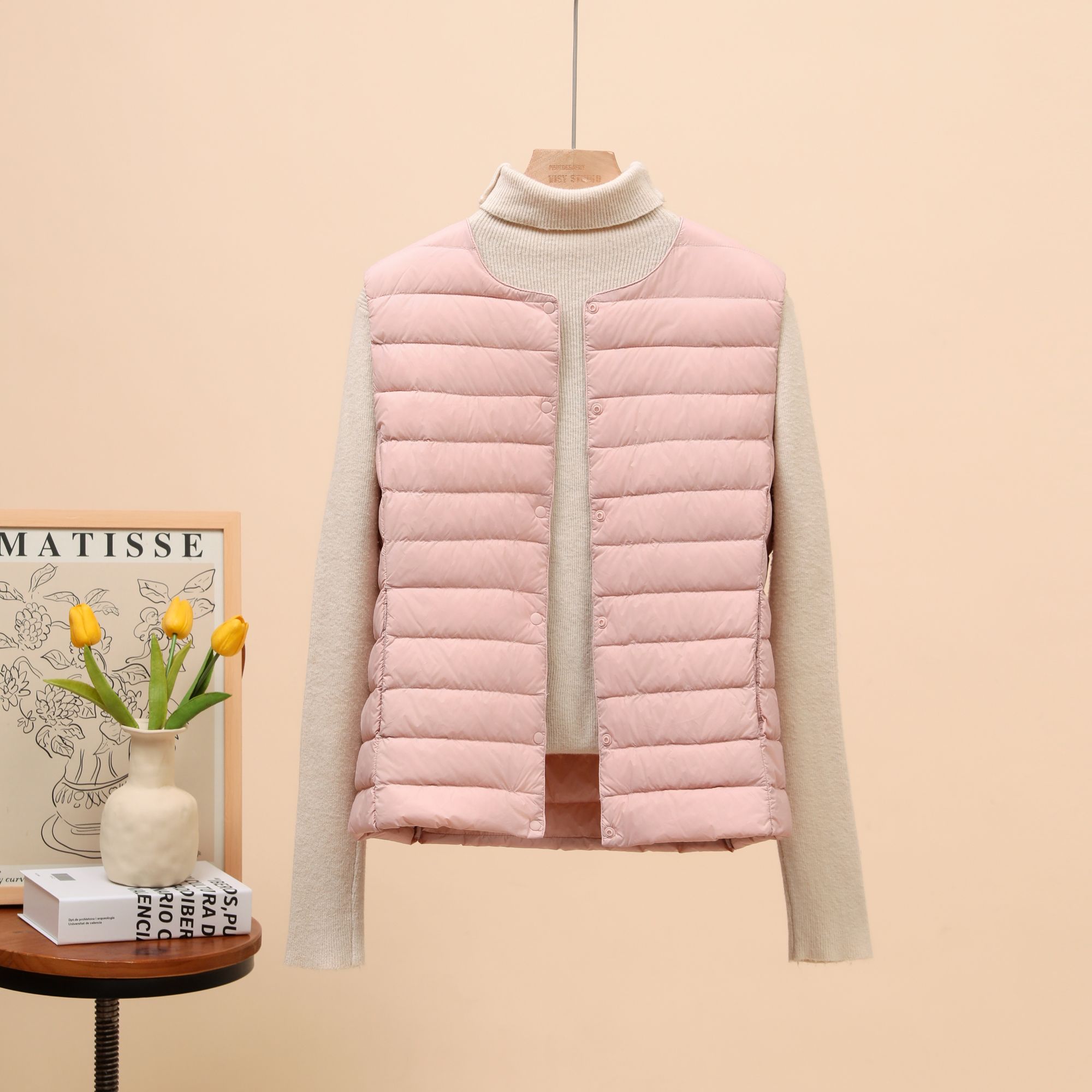 鸭宝宝秋冬新款轻薄羽绒服女短款圆领薄款马甲-