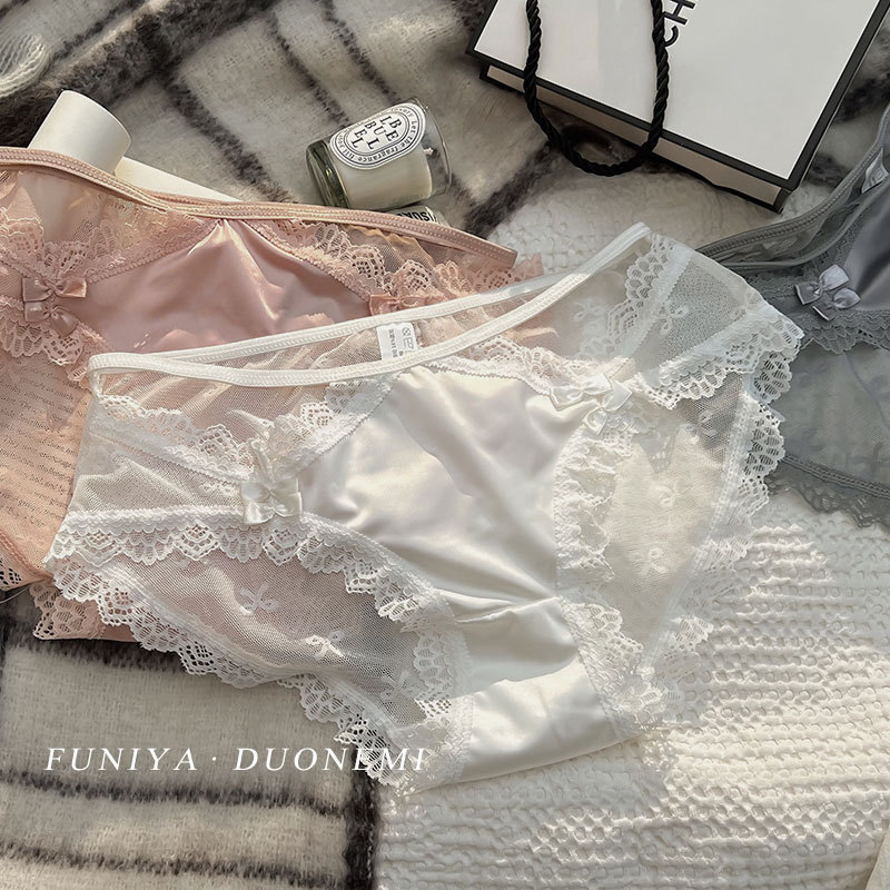 法式性感少女内裤女士女性蕾丝边透明火辣少女轻奢缎面冰丝内裤女