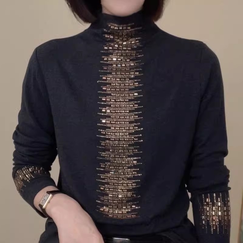 秋季新款半高领纯色百搭烫钻长袖休闲T恤气质女修身小衫妈妈装