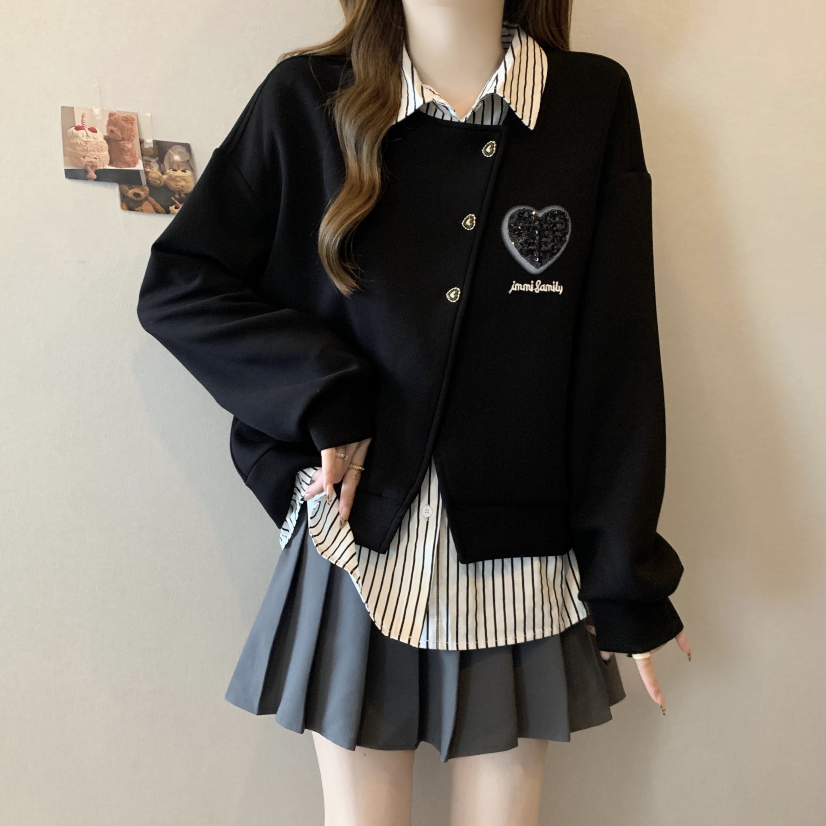 大码女装假两件松弛感穿搭条纹衬衫卫衣女春秋胖妹妹显瘦宽松上衣