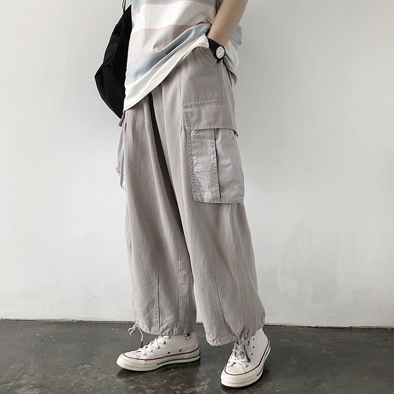 薄/加绒日系复古宽松大口袋工装裤松紧腰宽松bf风阔腿束脚裤男女