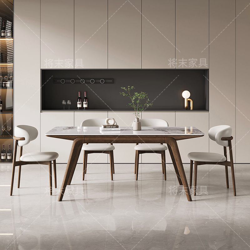 将末现代简约实木餐桌椅家用小户型白蜡木极简北欧长方形岩板餐桌