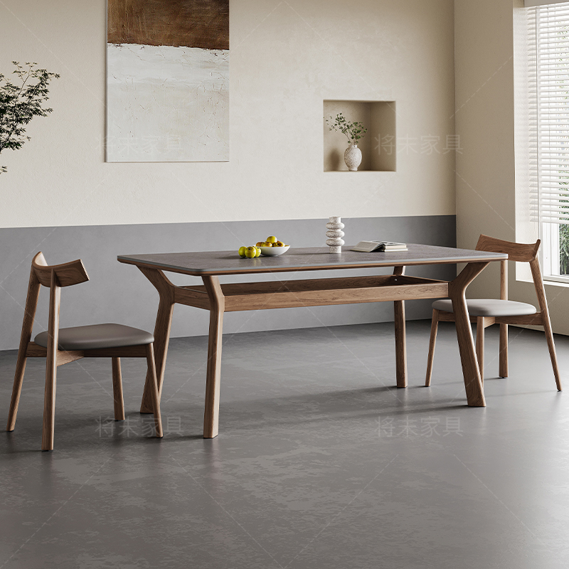 将末实木岩板餐桌现代简约胡桃木色餐桌家用小户型长方形吃饭桌子