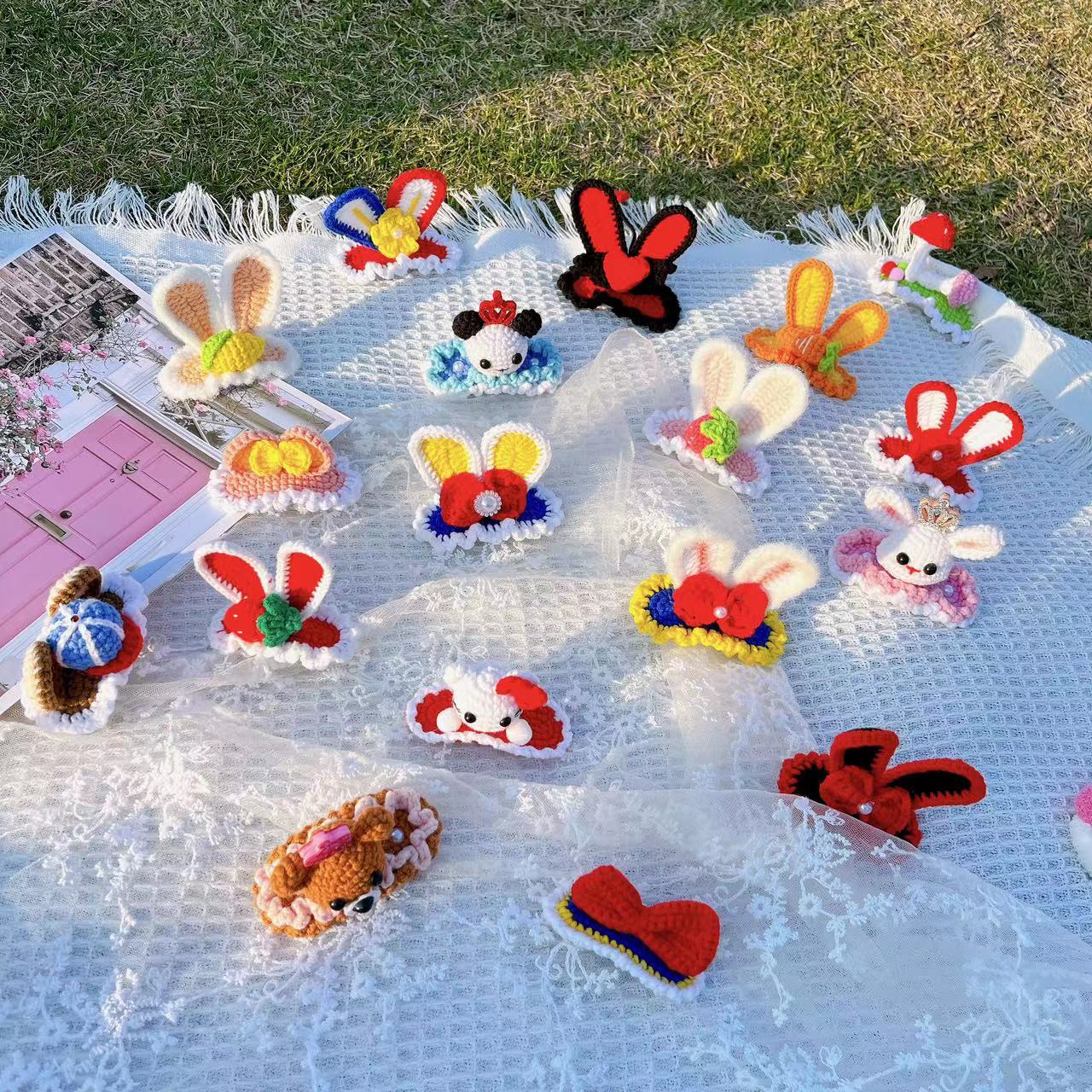 兔耳朵夹子diy成品纯手工编织