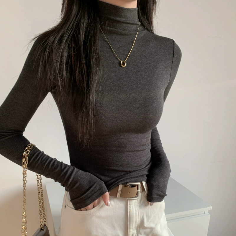 2025秋冬季软糯半高领打底衫正肩发热内搭修身磨毛上衣长袖t恤女