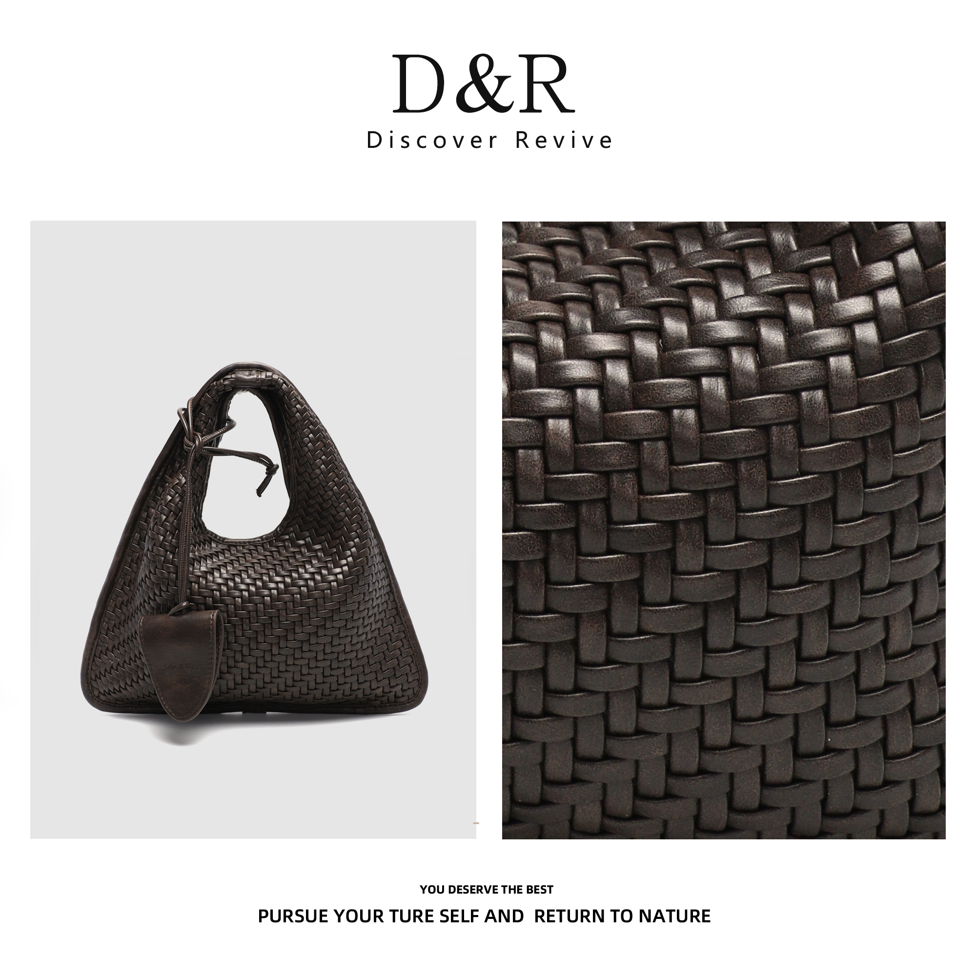 Discover Revive秋冬新款复古植鞣手工编织手提单肩包E448-乌木色