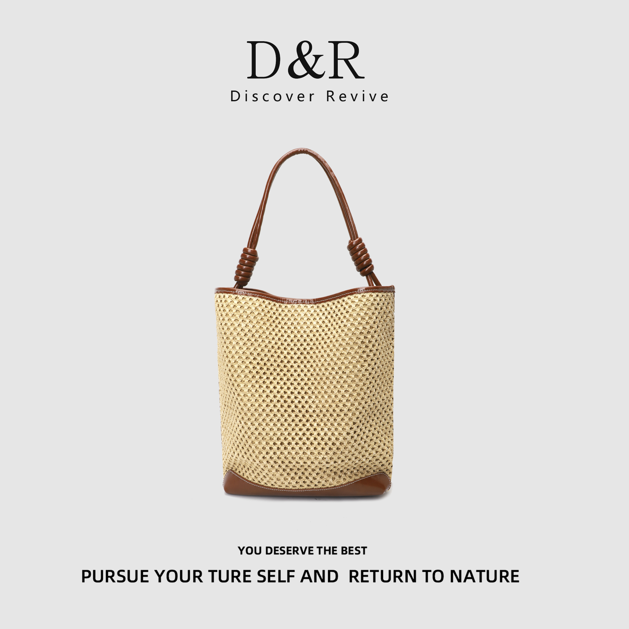 Discover Revive经典时尚百搭潮流拉菲草手提单肩水桶包E014