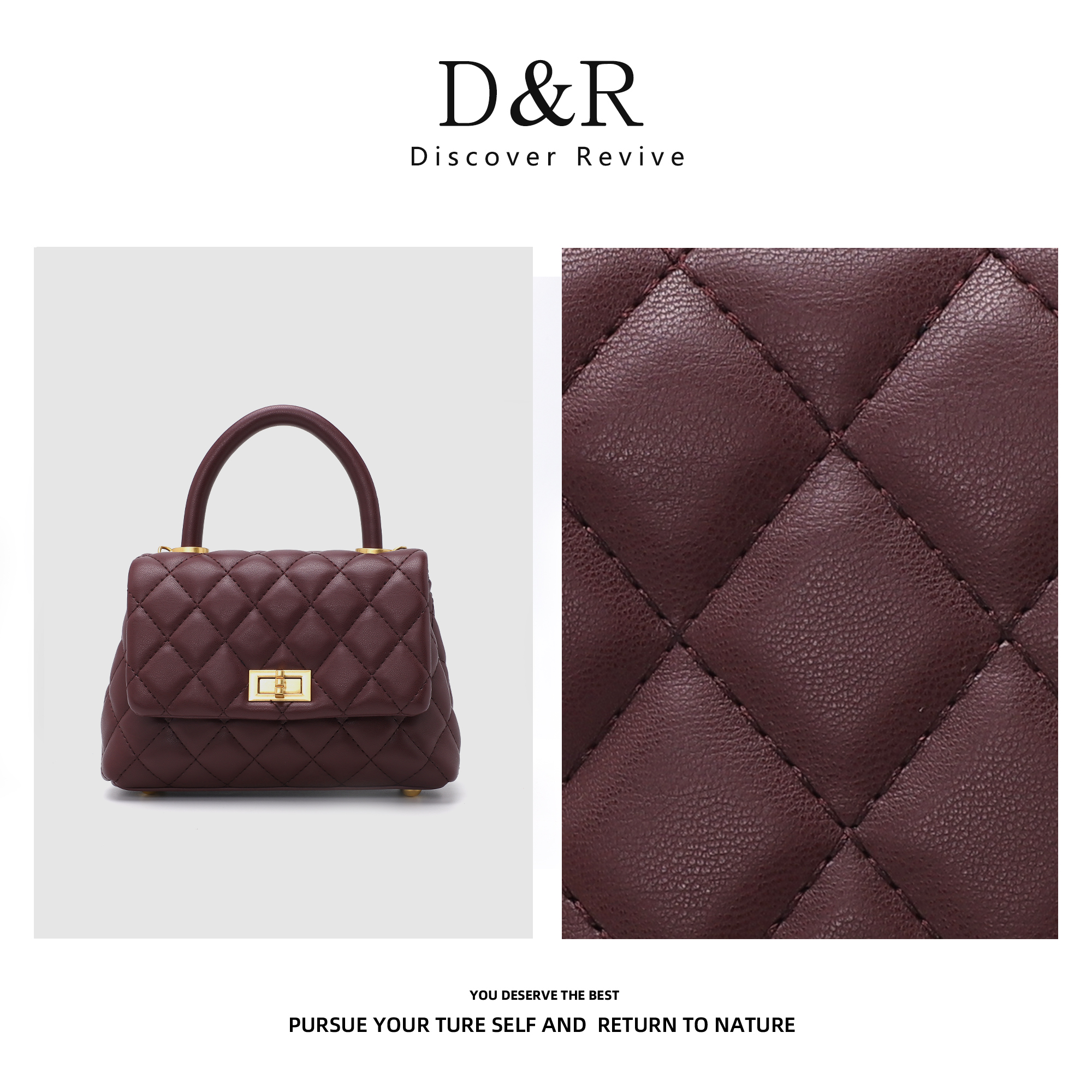 Discover Revive经典时尚单肩斜挎菱格手提包E178-暗红色