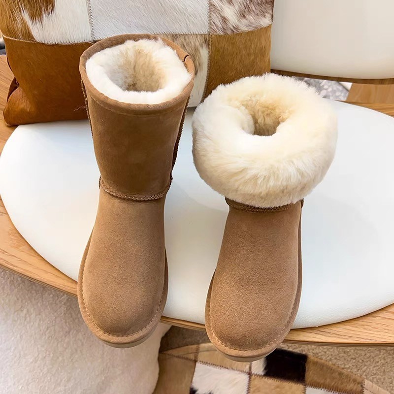 【5825中筒】河南桑坡村羊皮毛一体雪地靴女冬时尚百搭简约增高棉鞋
