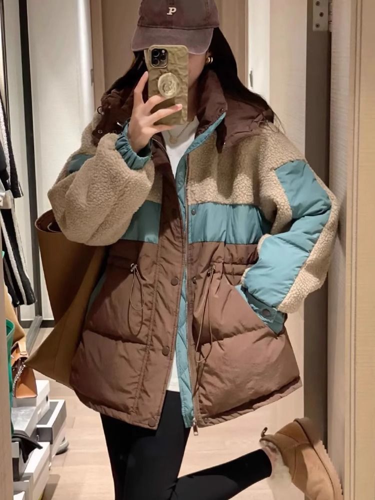 2023秋冬季新款仿羊羔毛撞色拼接羽服女抽绳收腰白鸭绒加厚外套