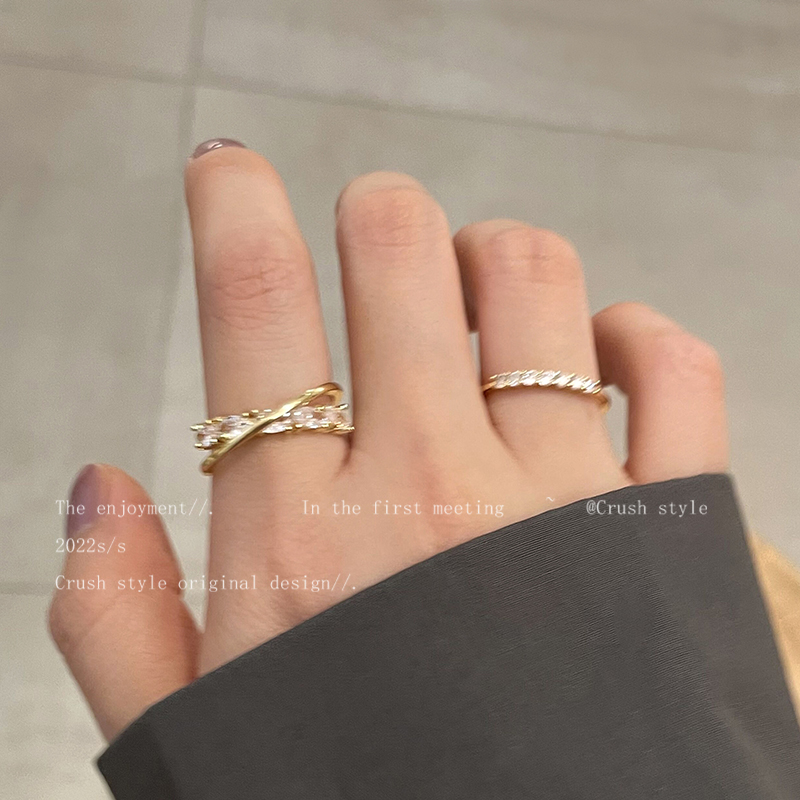 金色交叉锆石开口戒指女时尚个性可调节食指戒ins潮轻奢