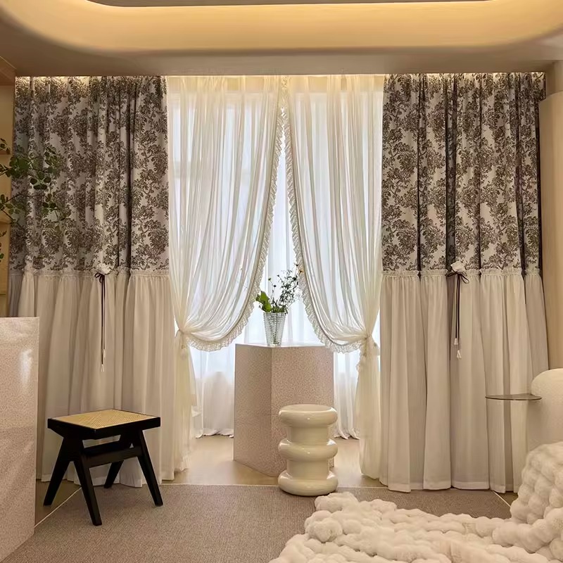 美式法式复古轻奢浪漫雪尼尔窗帘飘窗客厅卧室别墅窗帘落影咖啡色