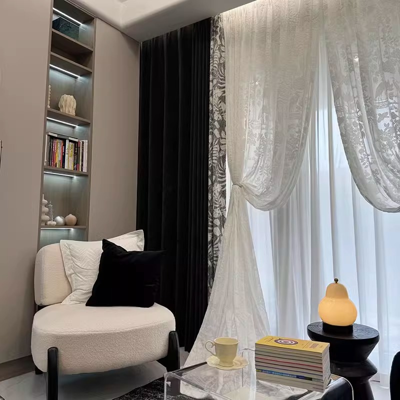 出口黑白灰现代中古风老钱复古美式复古法式客厅阳台卧室窗帘深黎