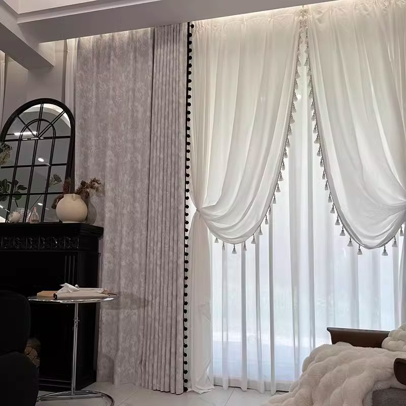 中古风法式意式风现代轻奢暖灰色系卧室客厅阳台雪尼尔窗帘银珊