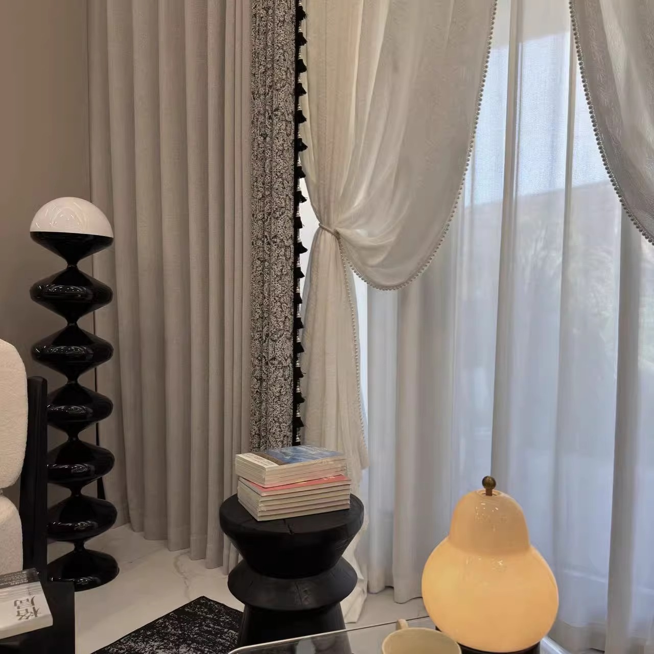 中古风意式现代风黑白灰奶油混搭赫本风环保客厅卧室阳台窗帘欧伦