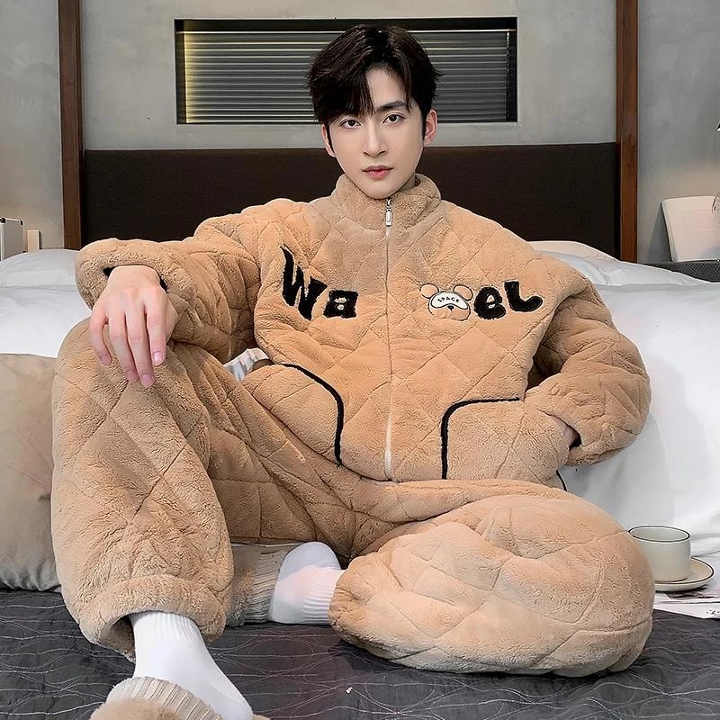 【哇趣】三层夹棉男士睡衣秋冬季法兰绒加绒加厚男生冬天家居服