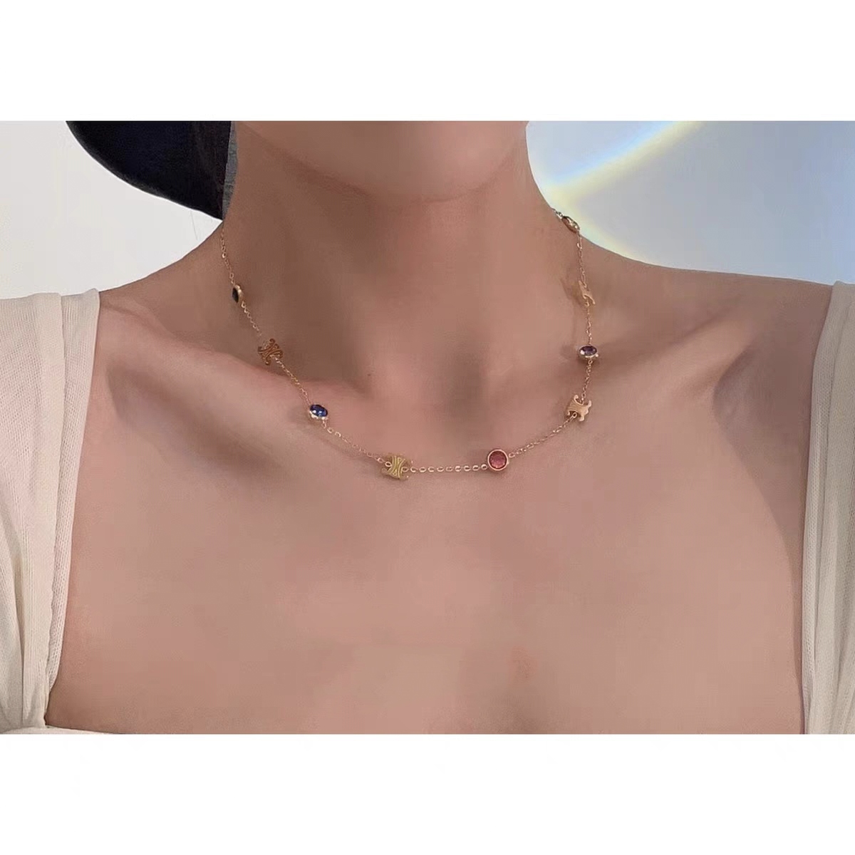 钛钢仿水晶项链 【T970】钛钢金色卡卡五彩锆锆项链甜美颈链锁骨链