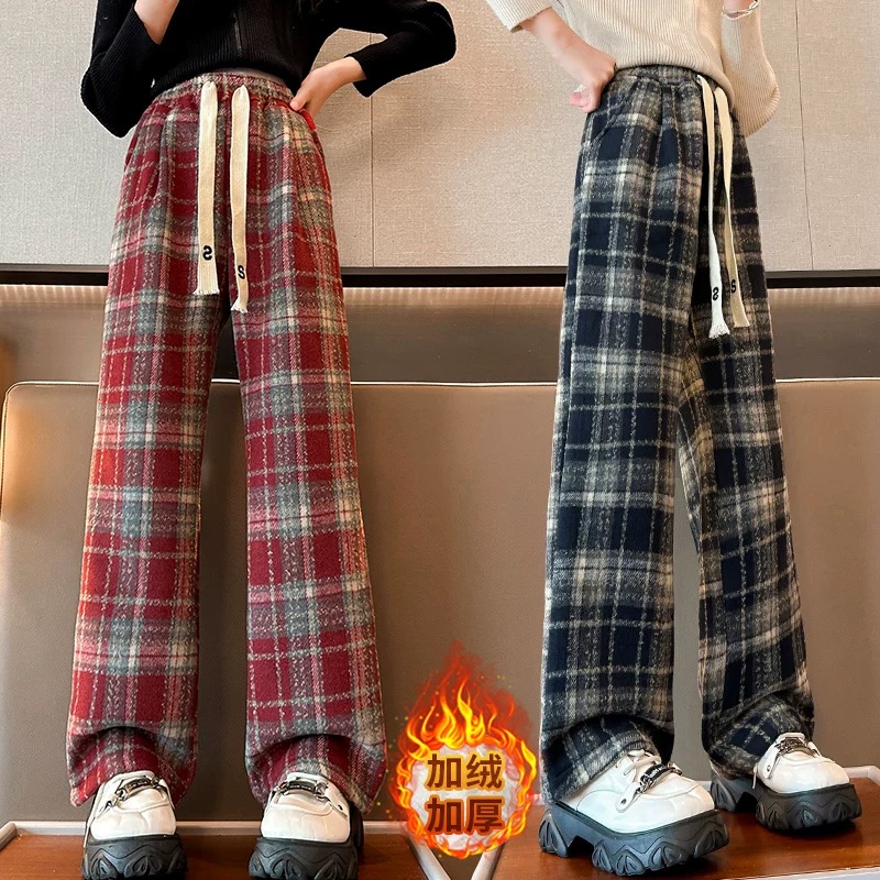 女童加绒加厚阔腿裤2024新款秋冬外穿儿童洋气直筒裤中大童长裤子
