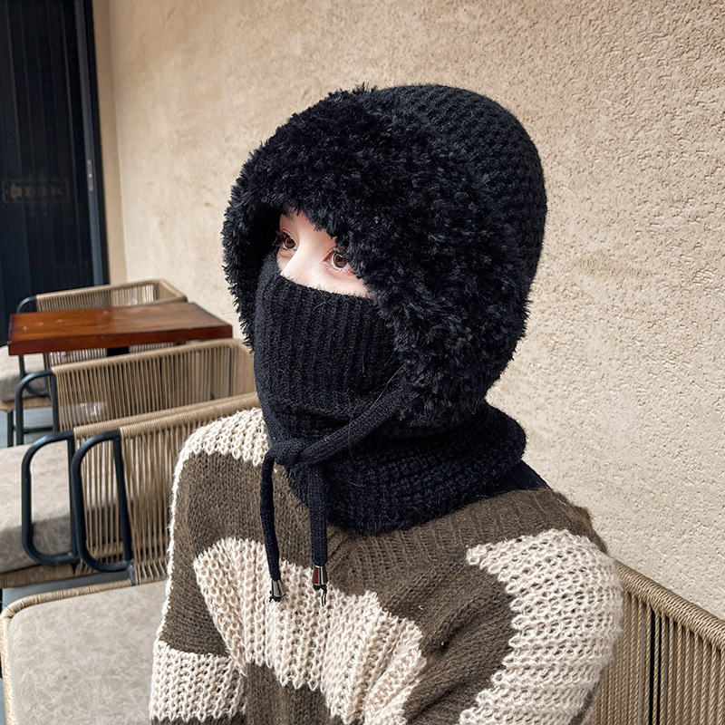 帽子围脖一体帽女秋冬保暖毛线帽加绒加厚骑行帽护颈防风帽针织帽