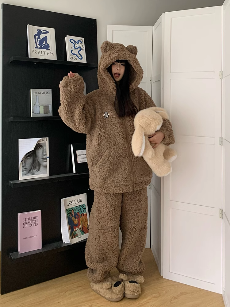 少女可爱小熊耳朵连帽珊瑚绒睡衣女季2025年加绒睡袍女冬加厚加绒